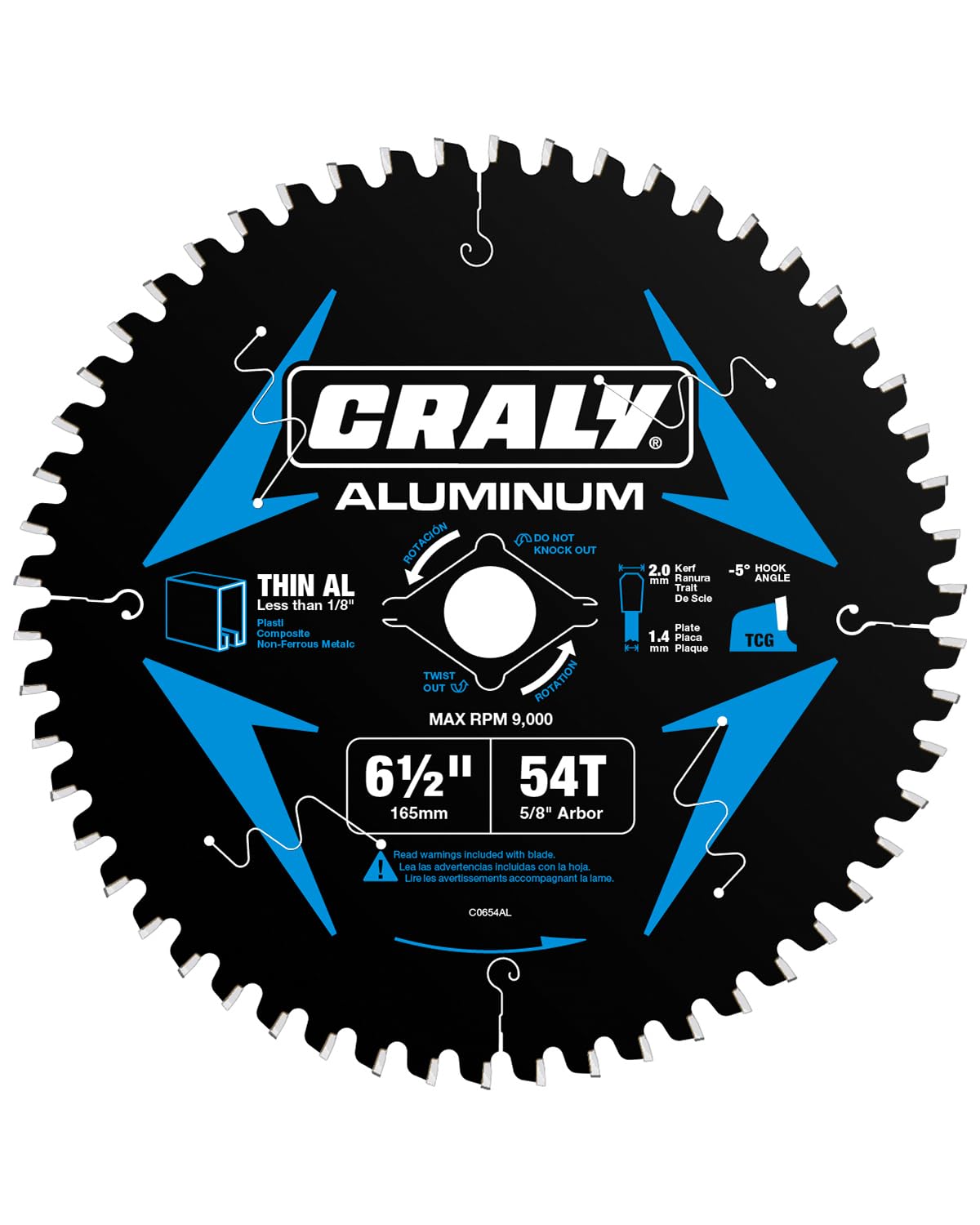 CRALY 6-1/2 Inch 54 Teeth Aluminum and Non-Ferrous Metal Cutting Circular Saw Blade, 5/8 Inch Arbor, Carbide Tipped, Thin Kerf, Black Ice Coating, for Thin Aluminum, Plastic, Composite(C0654AL)