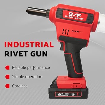 S&F STEAD & FAST Cordless Rivet Tool Kit, 1/8" - 1/4", Brushless, Industrial Grade, with Battery (2 pcs) and Charger, Electric Rivet Gun Set with Case