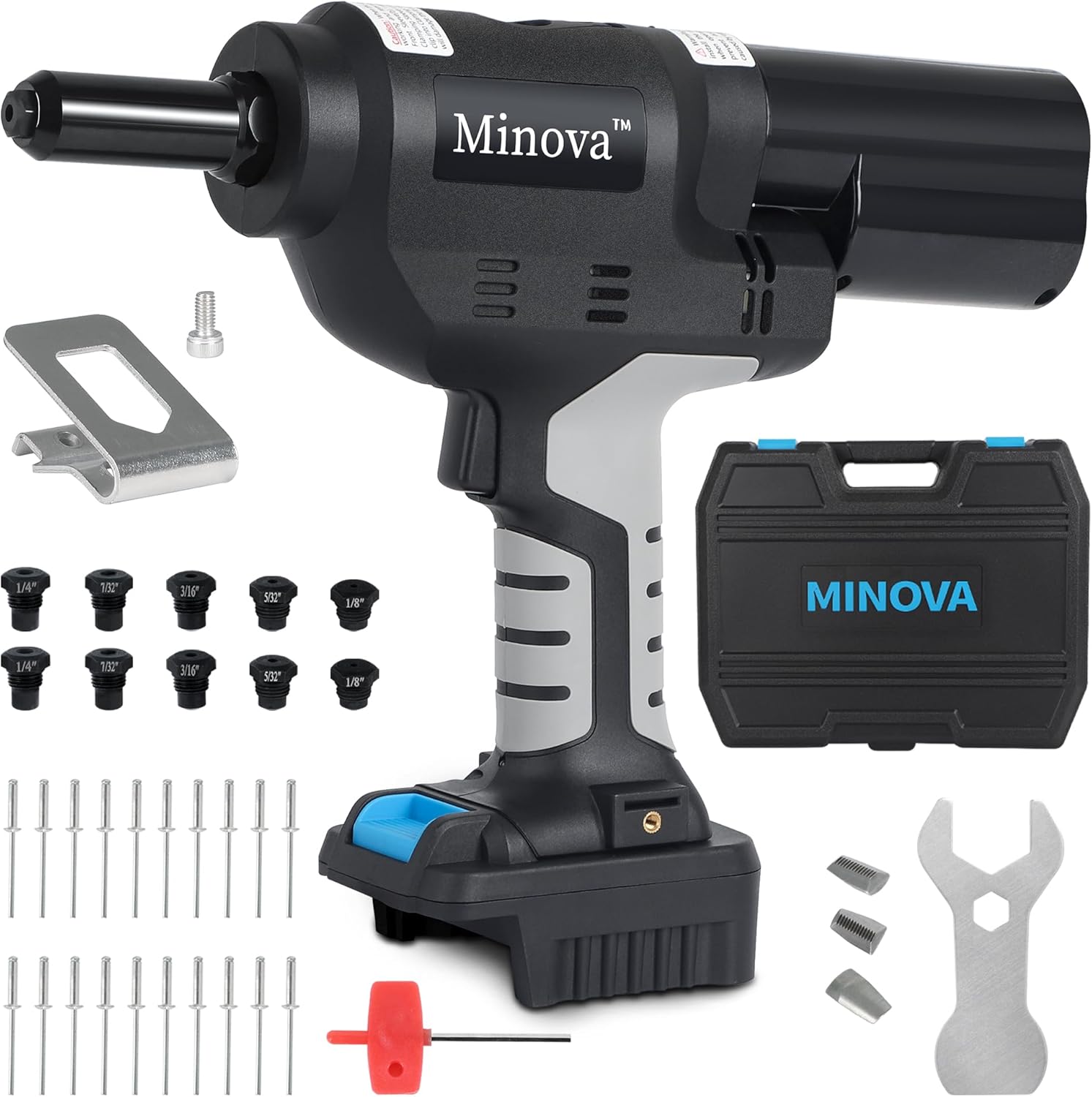 18V Brushless Rivet Gun, Battery Cordless Rivet Tool Compatible with Stainless Steel Rivets, Bare Machine Automatic Rivet Recoil with MWK Battery Converter, Portable Carrying Case