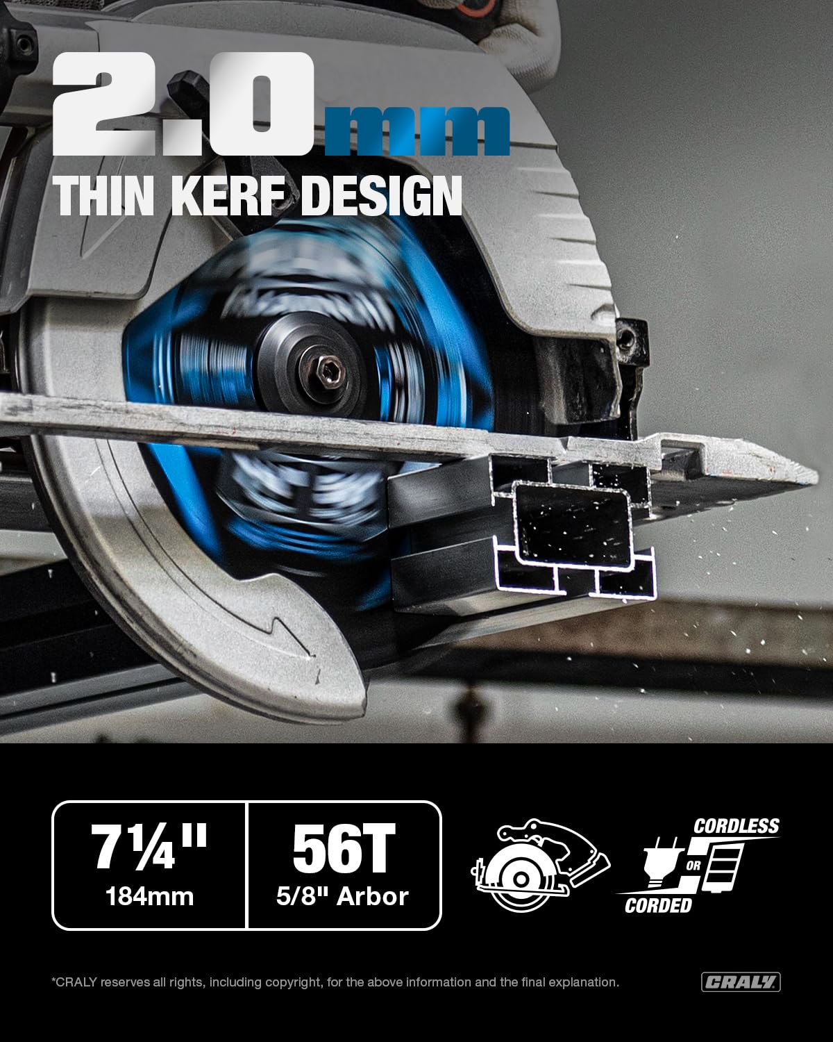 CRALY 7-1/4 Inch 56 Teeth Aluminum and Non-Ferrous Metal Cutting Circular Saw Blade, 5/8 Inch Arbor, Carbide Tipped, Thin Kerf, Black Ice™ Coating, for Medium Aluminum, Plastic, Composite(C0756AL)